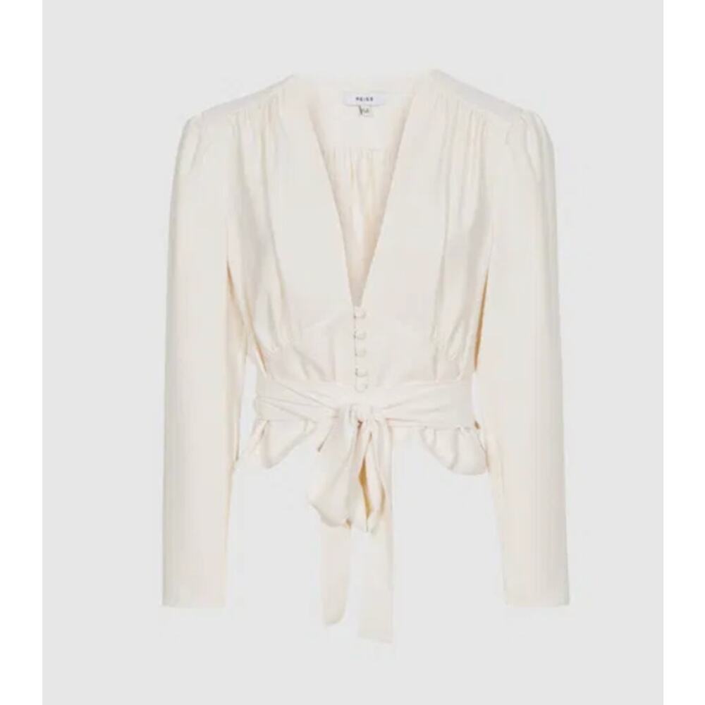 Reiss Plunge Deep V-neck Buttons Tie Wrap Beige Blouse Coquette Lingerie (size 2 - Picture 14 of 14